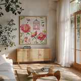 Pink Garden IV by Lisa Audit. Shown in a natural wood frame in a cozy modern living room. Available as an archival giclee rolled canvas, fine art paper, or poster print. SKU 34782a.