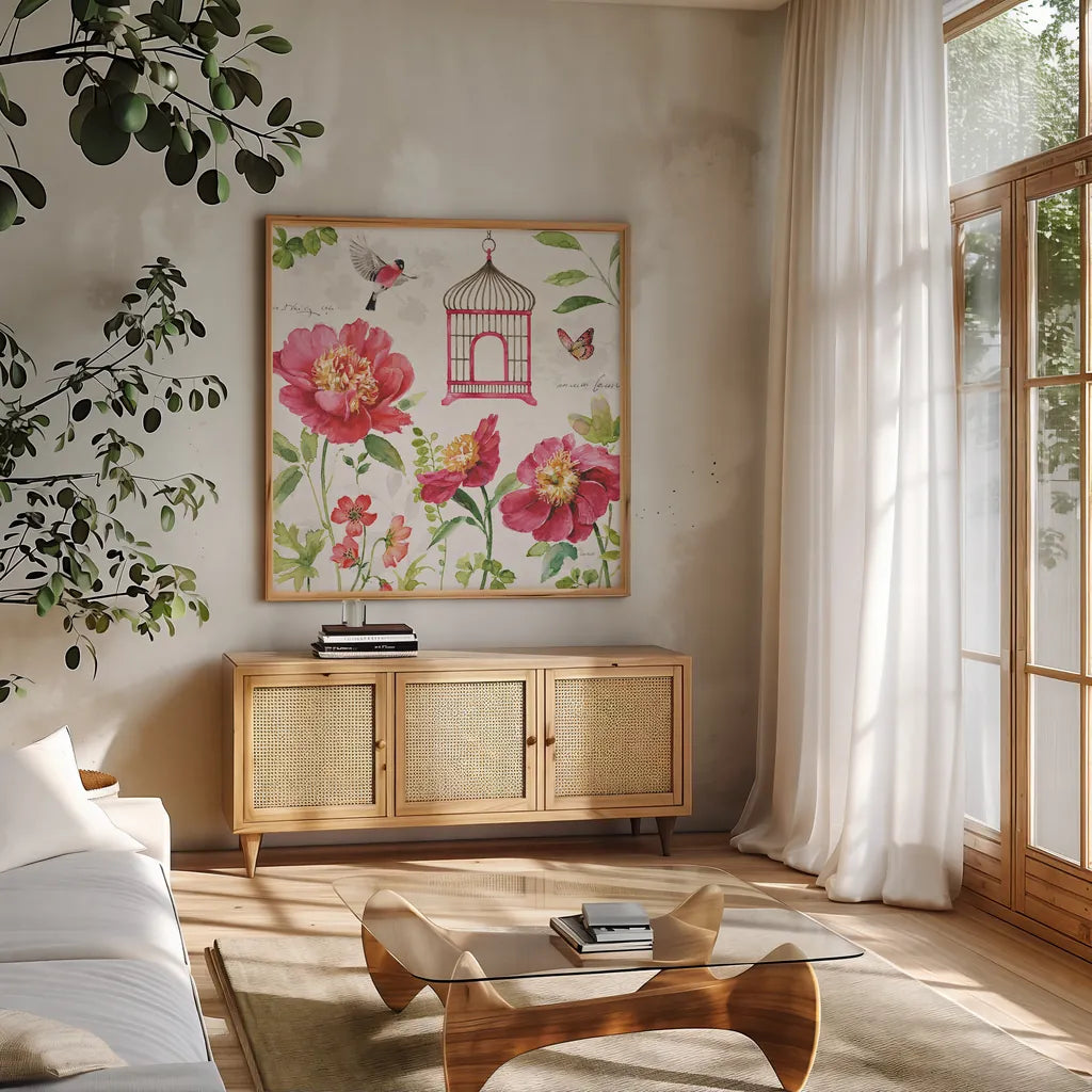 Pink Garden IV by Lisa Audit. Shown in a natural wood frame in a cozy modern living room. Available as an archival giclee rolled canvas, fine art paper, or poster print. SKU 34782a.