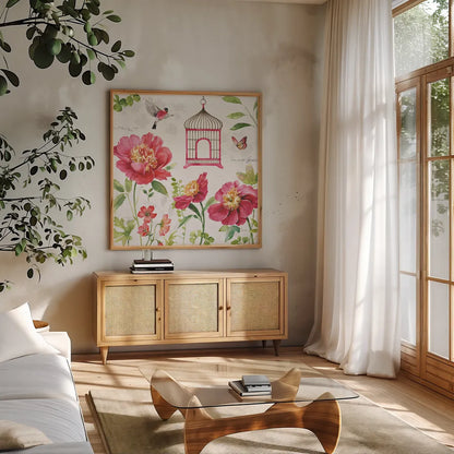 Pink Garden IV by Lisa Audit. Shown in a natural wood frame in a cozy modern living room. Available as an archival giclee rolled canvas, fine art paper, or poster print. SKU 34782a.