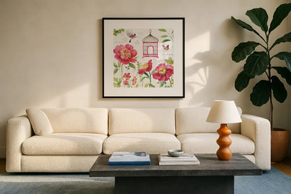 Pink Garden IV by Lisa Audit. Displayed in a glass frame with matte in a clean modern living room. Available as an archival giclee rolled canvas, fine art paper, or poster print. SKU 34782a.