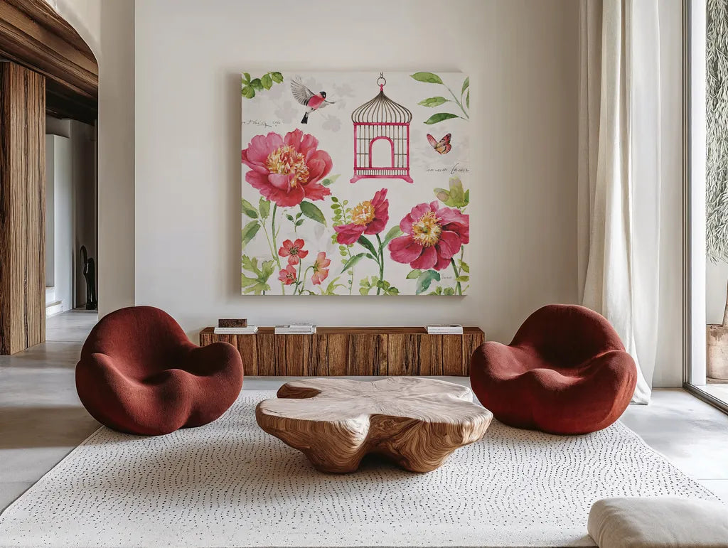 Pink Garden IV by Lisa Audit. Shown as extra-large giant wall art in a modern living room. Available as an archival giclee rolled canvas, fine art paper, or poster print. SKU 34782a.