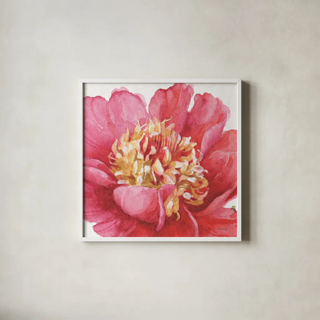 Pink Garden V by Lisa Audit. Shown in a crisp white glass frame for a clean and minimalist style. Available as an archival giclee rolled canvas, fine art paper, or poster print. SKU 34786a.