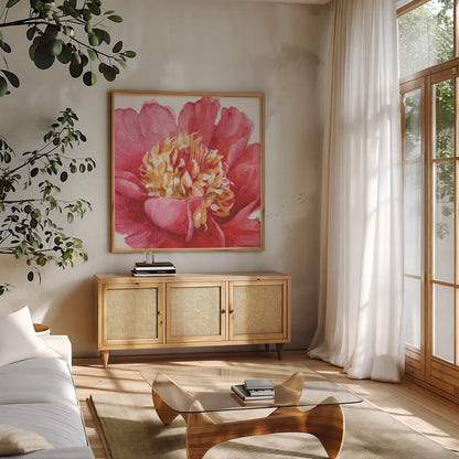 Pink Garden V by Lisa Audit. Shown in a natural wood frame in a cozy modern living room. Available as an archival giclee rolled canvas, fine art paper, or poster print. SKU 34786a.