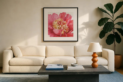 Pink Garden V by Lisa Audit. Displayed in a glass frame with matte in a clean modern living room. Available as an archival giclee rolled canvas, fine art paper, or poster print. SKU 34786a.