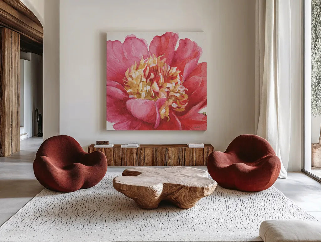 Pink Garden V by Lisa Audit. Shown as extra-large giant wall art in a modern living room. Available as an archival giclee rolled canvas, fine art paper, or poster print. SKU 34786a.