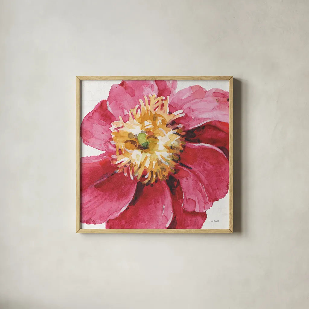 Pink Garden VI by Lisa Audit. Shown in a natural wood glass frame for a timeless modern aesthetic. Available as an archival giclee rolled canvas, fine art paper, or poster print. SKU 43591a.