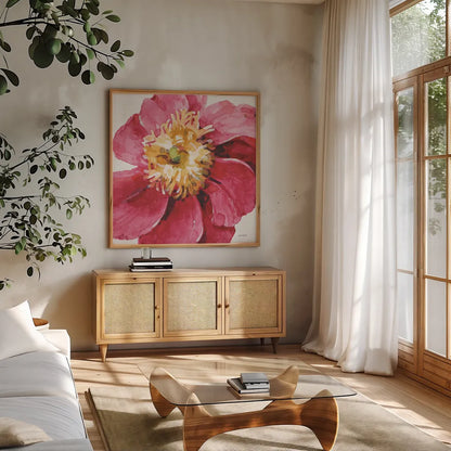 Pink Garden VI by Lisa Audit. Shown in a natural wood frame in a cozy modern living room. Available as an archival giclee rolled canvas, fine art paper, or poster print. SKU 43591a.