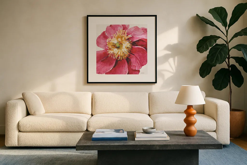 Pink Garden VI by Lisa Audit. Displayed in a glass frame with matte in a clean modern living room. Available as an archival giclee rolled canvas, fine art paper, or poster print. SKU 43591a.