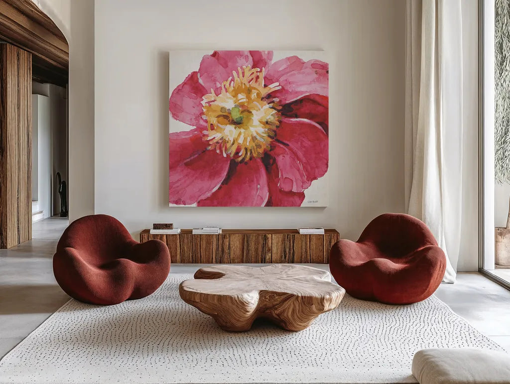 Pink Garden VI by Lisa Audit. Shown as extra-large giant wall art in a modern living room. Available as an archival giclee rolled canvas, fine art paper, or poster print. SKU 43591a.