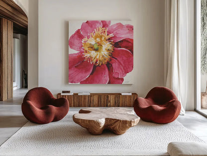 Pink Garden VI by Lisa Audit. Shown as extra-large giant wall art in a modern living room. Available as an archival giclee rolled canvas, fine art paper, or poster print. SKU 43591a.