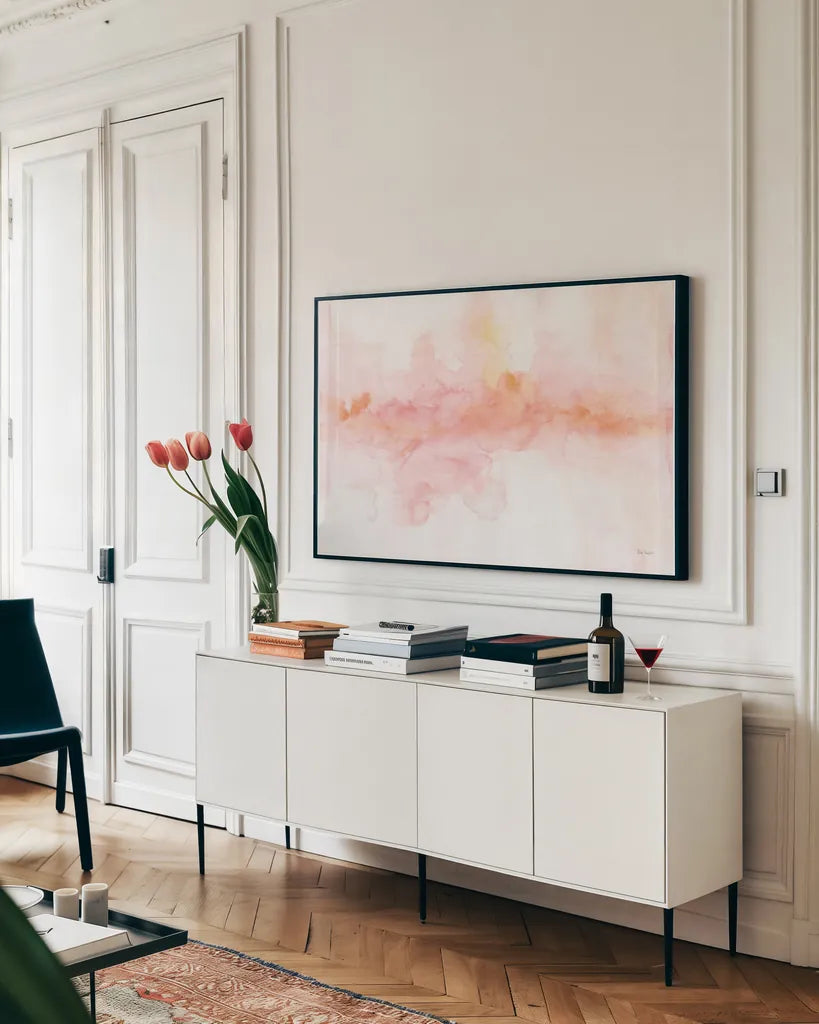 Rainbow Seeds Abstract Blush Crop by Lisa Audit. shown as a framed stretched canvas in a living room above a console. Available as a archival giclee rolled canvas, fine art paper, or poster print. SKU 27516i.