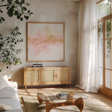Rainbow Seeds Abstract Gold Sq by Lisa Audit. Shown in a natural wood frame in a cozy modern living room. Available as an archival giclee rolled canvas, fine art paper, or poster print. SKU 71366a.