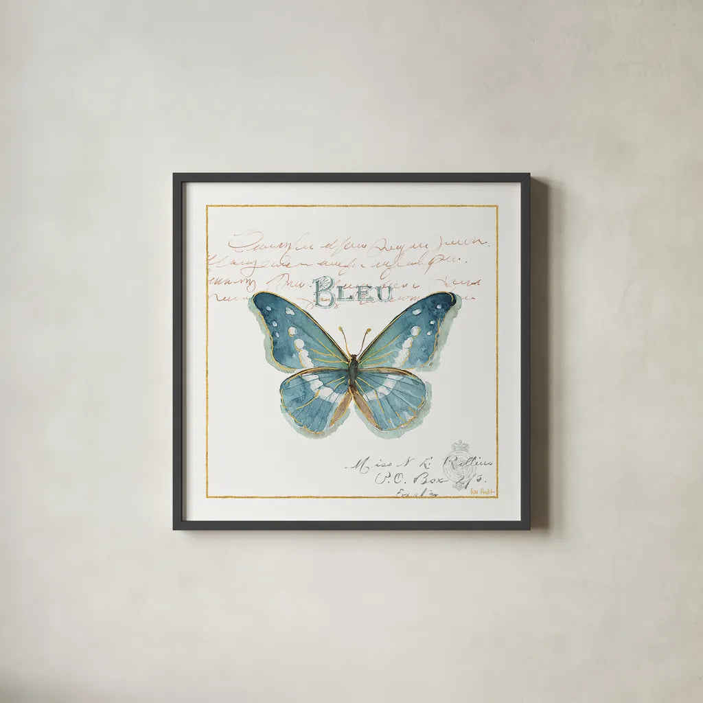 Rainbow Seeds Butterflies V by Lisa Audit. Shown in a sleek black glass frame for a contemporary gallery look. Available as an archival giclee rolled canvas, fine art paper, or poster print. SKU 22231a.