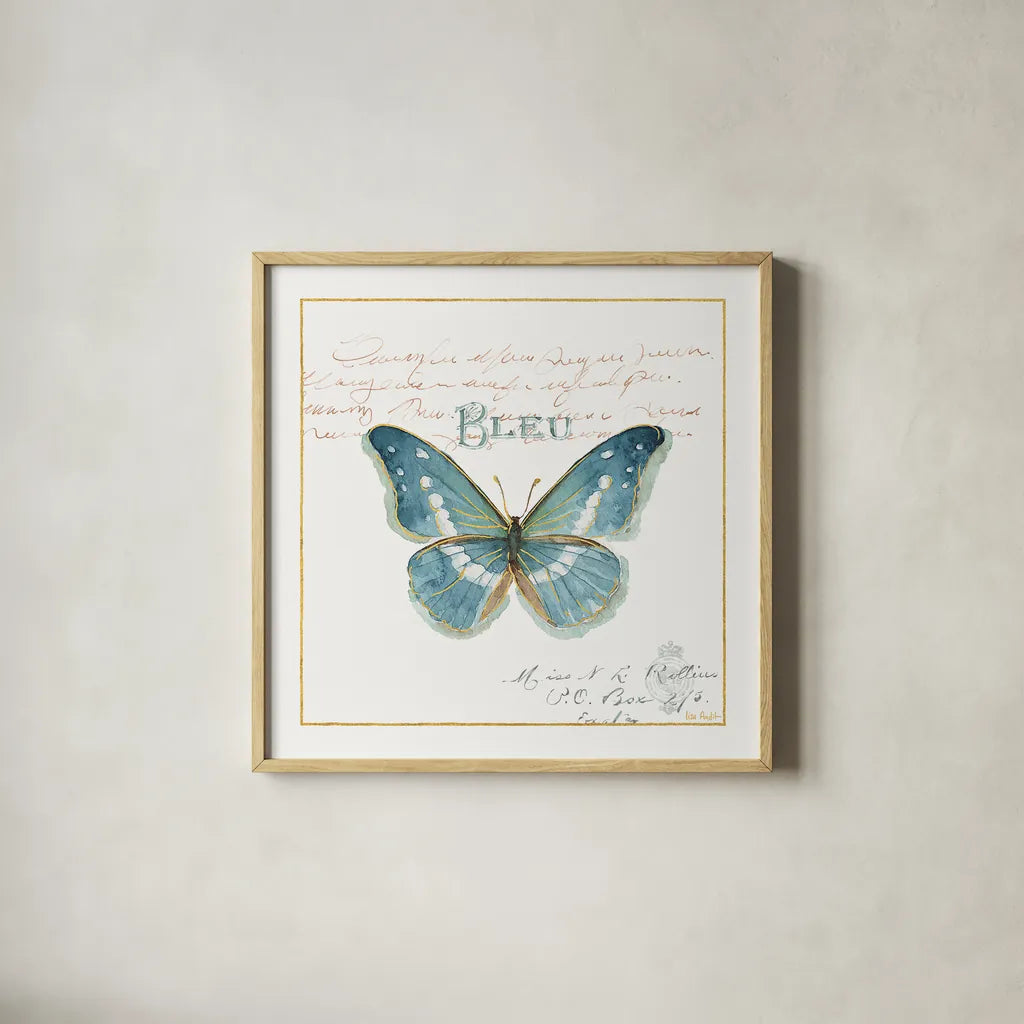 Rainbow Seeds Butterflies V by Lisa Audit. Shown in a natural wood glass frame for a timeless modern aesthetic. Available as an archival giclee rolled canvas, fine art paper, or poster print. SKU 22231a.