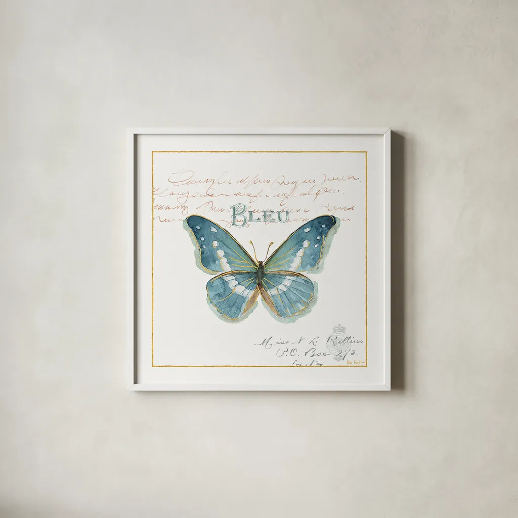 Rainbow Seeds Butterflies V by Lisa Audit. Shown in a crisp white glass frame for a clean and minimalist style. Available as an archival giclee rolled canvas, fine art paper, or poster print. SKU 22231a.