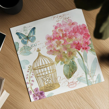 Rainbow Seeds Floral Birdcage II by Lisa Audit. Shown as a detailed flat fine art print, highlighting archival giclee quality. Available as an archival giclee rolled canvas, fine art paper, or poster print. SKU 23429a.