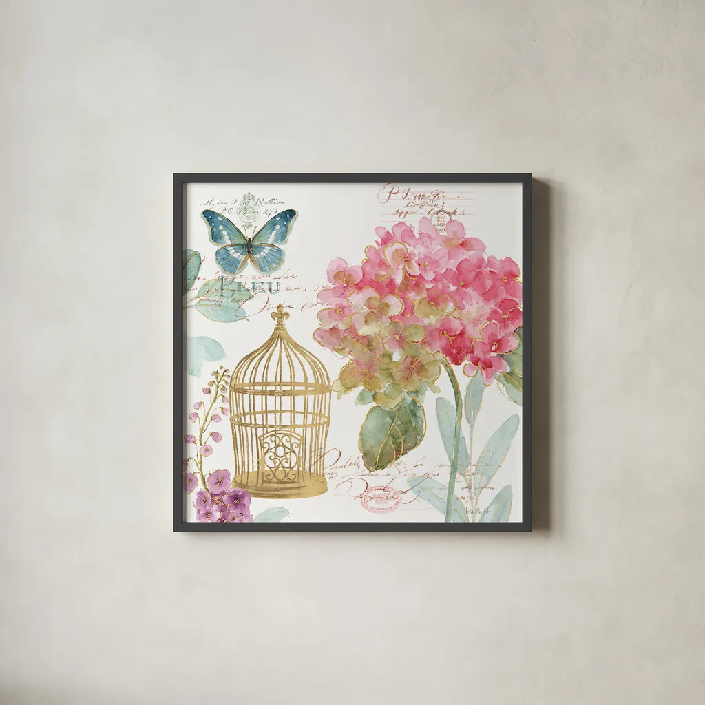 Rainbow Seeds Floral Birdcage II by Lisa Audit. Shown in a sleek black glass frame for a contemporary gallery look. Available as an archival giclee rolled canvas, fine art paper, or poster print. SKU 23429a.