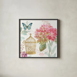 Rainbow Seeds Floral Birdcage II by Lisa Audit. Shown in a sleek black glass frame for a contemporary gallery look. Available as an archival giclee rolled canvas, fine art paper, or poster print. SKU 23429a.