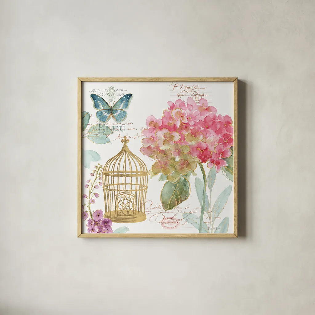 Rainbow Seeds Floral Birdcage II by Lisa Audit. Shown in a natural wood glass frame for a timeless modern aesthetic. Available as an archival giclee rolled canvas, fine art paper, or poster print. SKU 23429a.