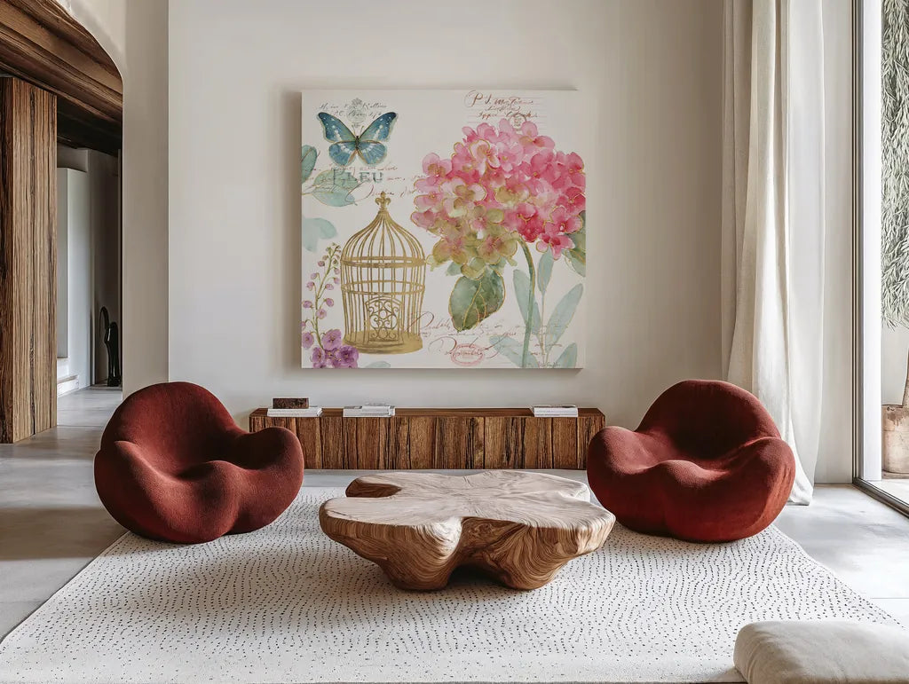 Rainbow Seeds Floral Birdcage II by Lisa Audit. Shown as extra-large giant wall art in a modern living room. Available as an archival giclee rolled canvas, fine art paper, or poster print. SKU 23429a.