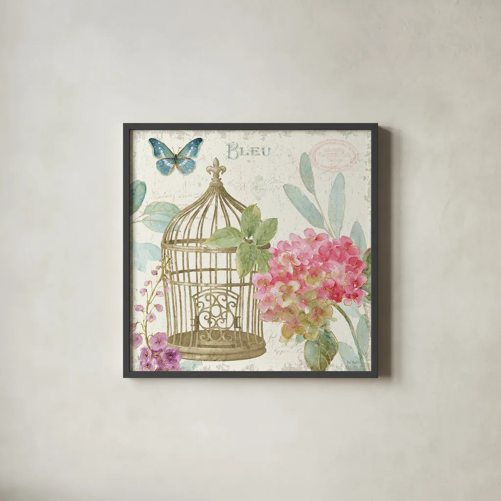 Rainbow Seeds Floral Birdcage II v2 by Lisa Audit. Shown in a sleek black glass frame for a contemporary gallery look. Available as an archival giclee rolled canvas, fine art paper, or poster print. SKU 18822a.