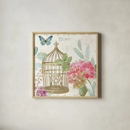 Rainbow Seeds Floral Birdcage II v2 by Lisa Audit. Shown in a natural wood glass frame for a timeless modern aesthetic. Available as an archival giclee rolled canvas, fine art paper, or poster print. SKU 18822a.