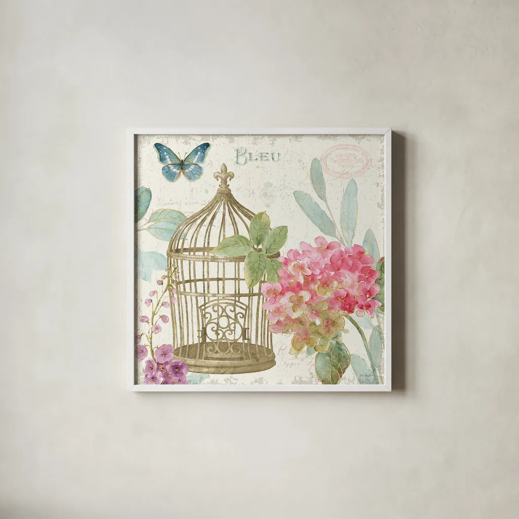 Rainbow Seeds Floral Birdcage II v2 by Lisa Audit. Shown in a crisp white glass frame for a clean and minimalist style. Available as an archival giclee rolled canvas, fine art paper, or poster print. SKU 18822a.