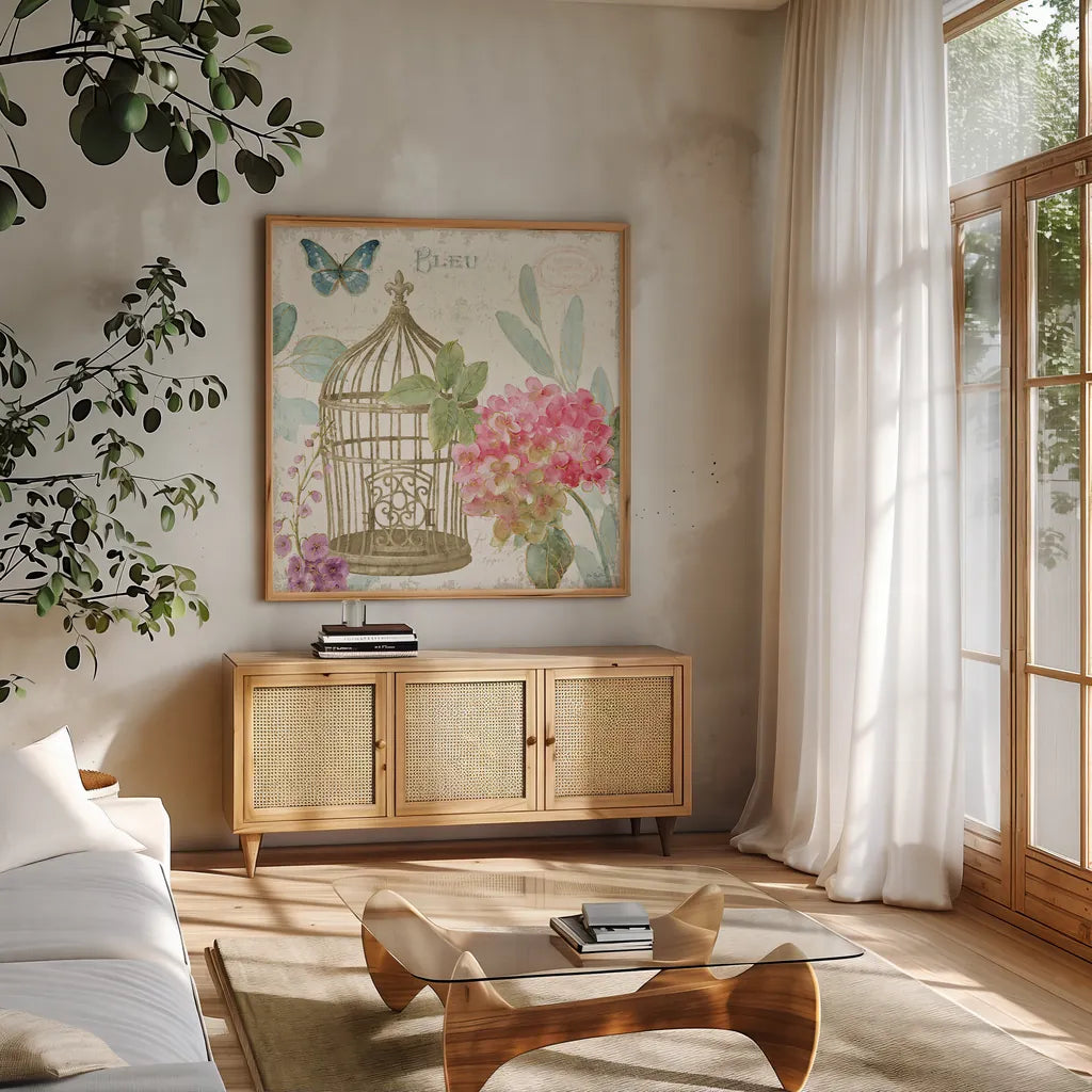 Rainbow Seeds Floral Birdcage II v2 by Lisa Audit. Shown in a natural wood frame in a cozy modern living room. Available as an archival giclee rolled canvas, fine art paper, or poster print. SKU 18822a.