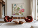 Rainbow Seeds Floral Birdcage II v2 by Lisa Audit. Shown as extra-large giant wall art in a modern living room. Available as an archival giclee rolled canvas, fine art paper, or poster print. SKU 18822a.