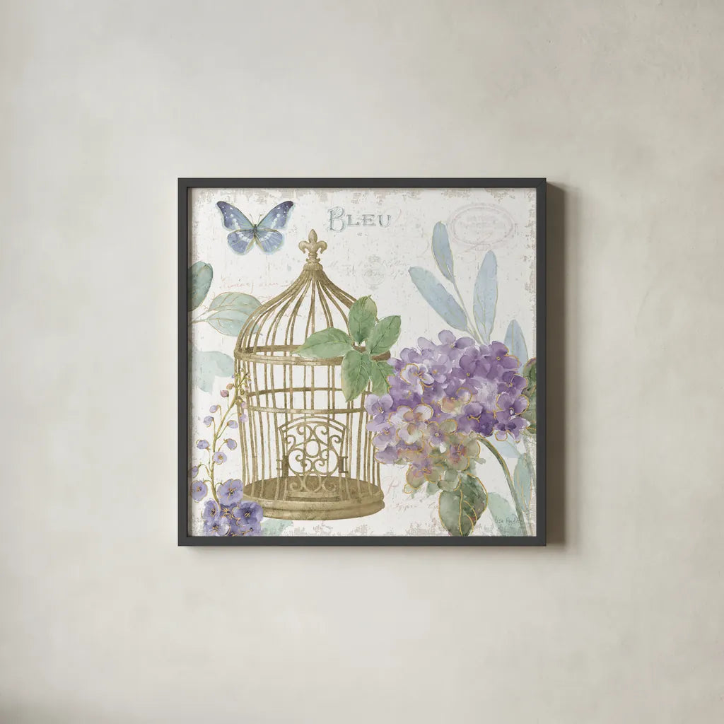 Rainbow Seeds Floral Birdcage II v2 by Lisa Audit. Shown in a sleek black glass frame for a contemporary gallery look. Available as an archival giclee rolled canvas, fine art paper, or poster print. SKU 87449a.