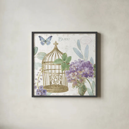 Rainbow Seeds Floral Birdcage II v2 by Lisa Audit. Shown in a sleek black glass frame for a contemporary gallery look. Available as an archival giclee rolled canvas, fine art paper, or poster print. SKU 87449a.