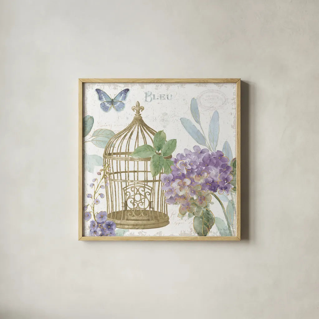 Rainbow Seeds Floral Birdcage II v2 by Lisa Audit. Shown in a natural wood glass frame for a timeless modern aesthetic. Available as an archival giclee rolled canvas, fine art paper, or poster print. SKU 87449a.