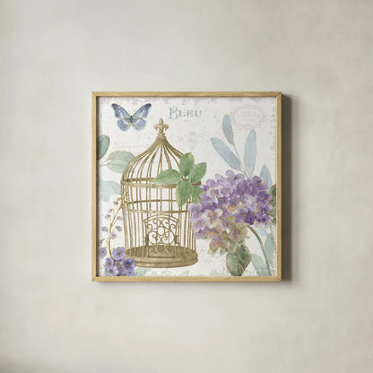 Rainbow Seeds Floral Birdcage II v2 by Lisa Audit. Shown in a natural wood glass frame for a timeless modern aesthetic. Available as an archival giclee rolled canvas, fine art paper, or poster print. SKU 87449a.