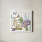 Rainbow Seeds Floral Birdcage II v2 by Lisa Audit. Shown in a crisp white glass frame for a clean and minimalist style. Available as an archival giclee rolled canvas, fine art paper, or poster print. SKU 87449a.