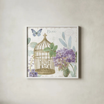 Rainbow Seeds Floral Birdcage II v2 by Lisa Audit. Shown in a crisp white glass frame for a clean and minimalist style. Available as an archival giclee rolled canvas, fine art paper, or poster print. SKU 87449a.