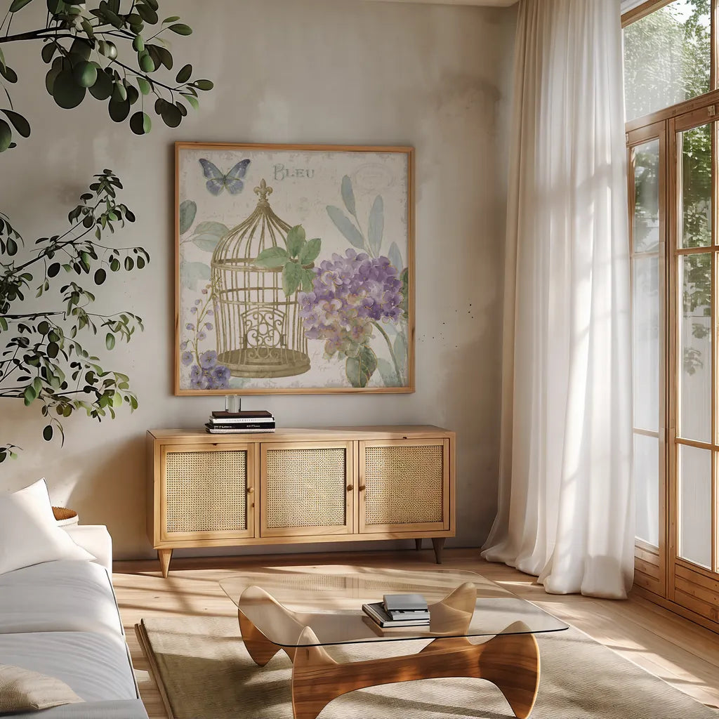 Rainbow Seeds Floral Birdcage II v2 by Lisa Audit. Shown in a natural wood frame in a cozy modern living room. Available as an archival giclee rolled canvas, fine art paper, or poster print. SKU 87449a.