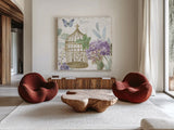Rainbow Seeds Floral Birdcage II v2 by Lisa Audit. Shown as extra-large giant wall art in a modern living room. Available as an archival giclee rolled canvas, fine art paper, or poster print. SKU 87449a.