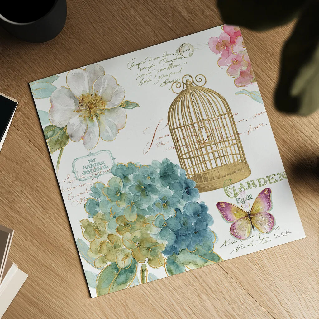 Rainbow Seeds Floral Birdcage III by Lisa Audit. Shown as a detailed flat fine art print, highlighting archival giclee quality. Available as an archival giclee rolled canvas, fine art paper, or poster print. SKU 23430a.