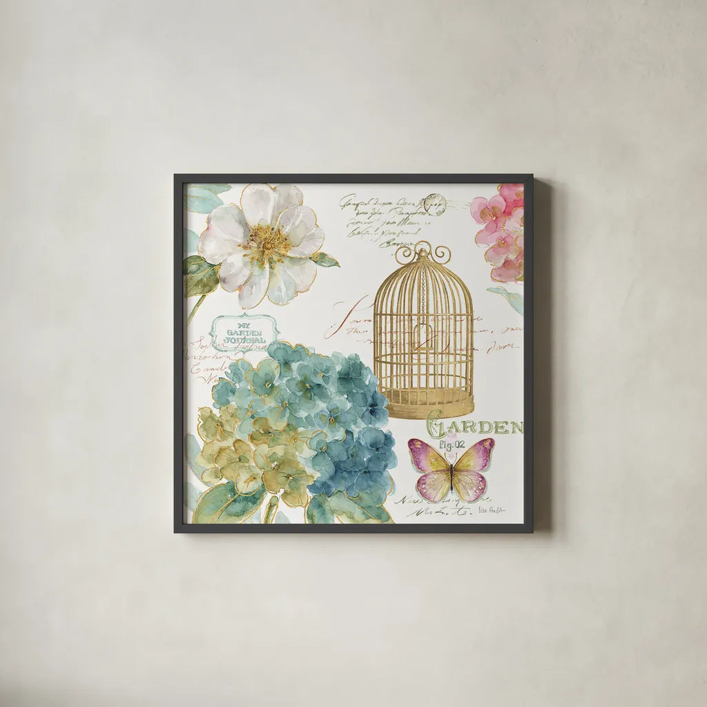 Rainbow Seeds Floral Birdcage III by Lisa Audit. Shown in a sleek black glass frame for a contemporary gallery look. Available as an archival giclee rolled canvas, fine art paper, or poster print. SKU 23430a.