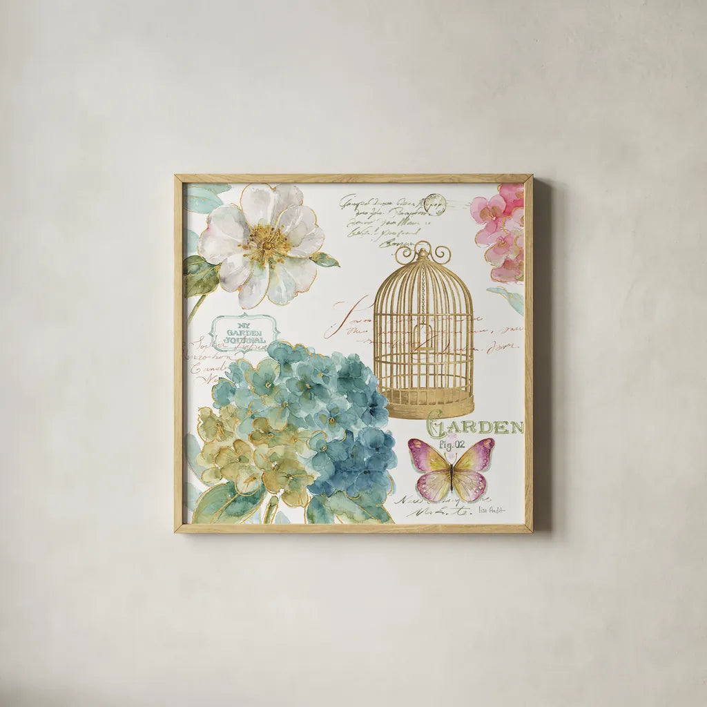 Rainbow Seeds Floral Birdcage III by Lisa Audit. Shown in a natural wood glass frame for a timeless modern aesthetic. Available as an archival giclee rolled canvas, fine art paper, or poster print. SKU 23430a.