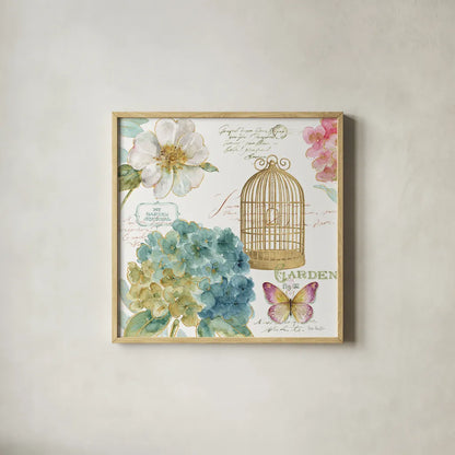 Rainbow Seeds Floral Birdcage III by Lisa Audit. Shown in a natural wood glass frame for a timeless modern aesthetic. Available as an archival giclee rolled canvas, fine art paper, or poster print. SKU 23430a.