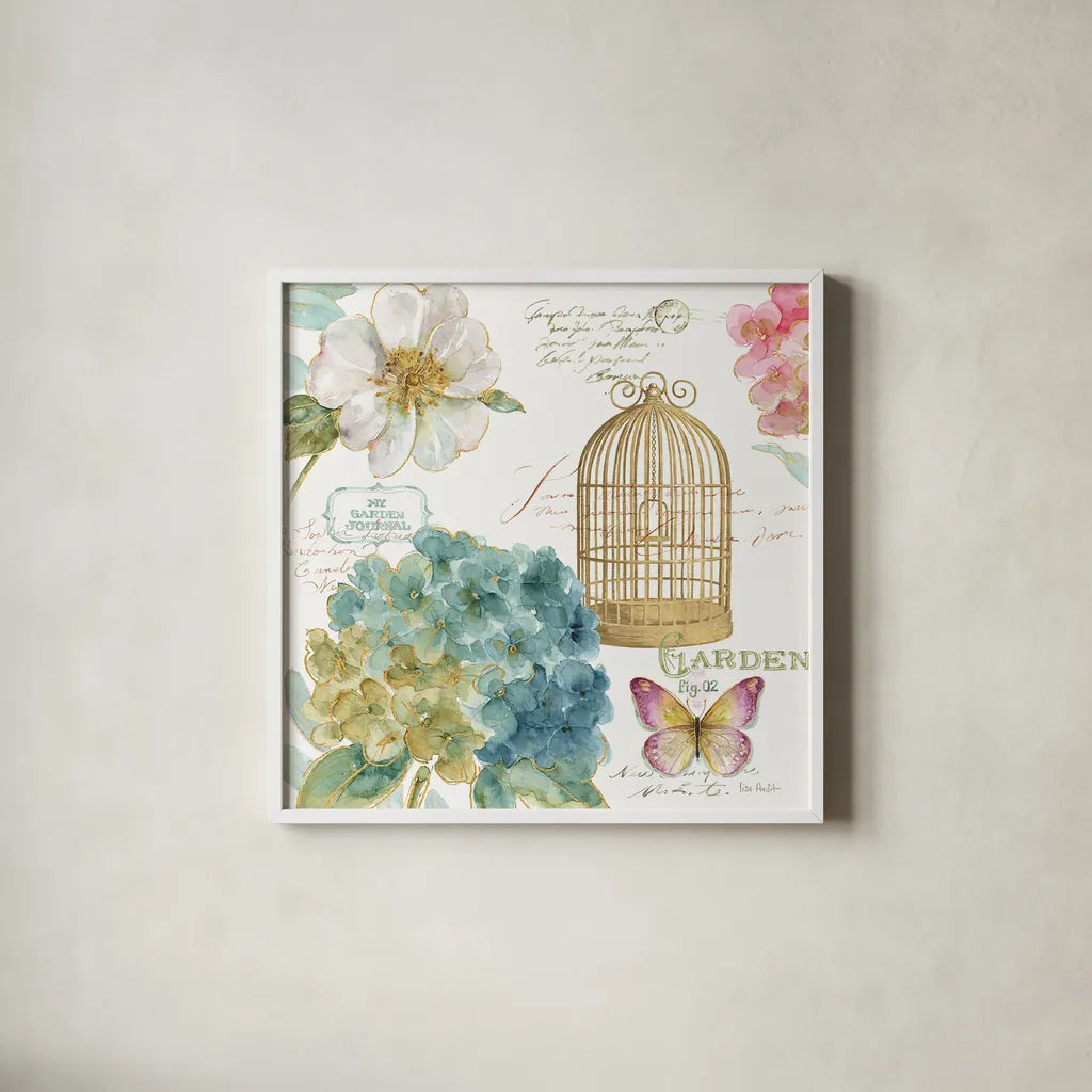 Rainbow Seeds Floral Birdcage III by Lisa Audit. Shown in a crisp white glass frame for a clean and minimalist style. Available as an archival giclee rolled canvas, fine art paper, or poster print. SKU 23430a.