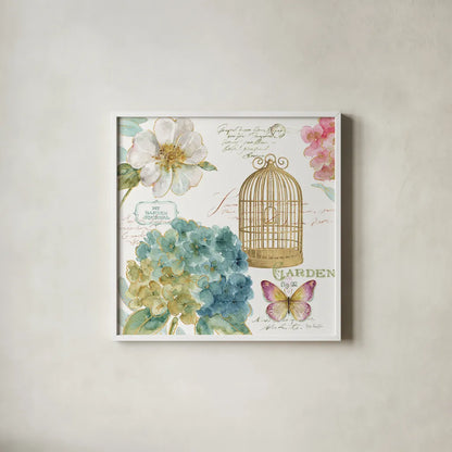 Rainbow Seeds Floral Birdcage III by Lisa Audit. Shown in a crisp white glass frame for a clean and minimalist style. Available as an archival giclee rolled canvas, fine art paper, or poster print. SKU 23430a.