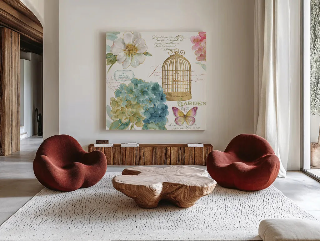 Rainbow Seeds Floral Birdcage III by Lisa Audit. Shown as extra-large giant wall art in a modern living room. Available as an archival giclee rolled canvas, fine art paper, or poster print. SKU 23430a.
