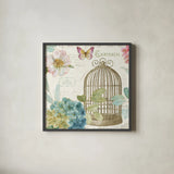 Rainbow Seeds Floral Birdcage III v2 by Lisa Audit. Shown in a sleek black glass frame for a contemporary gallery look. Available as an archival giclee rolled canvas, fine art paper, or poster print. SKU 18823a.