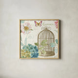 Rainbow Seeds Floral Birdcage III v2 by Lisa Audit. Shown in a natural wood glass frame for a timeless modern aesthetic. Available as an archival giclee rolled canvas, fine art paper, or poster print. SKU 18823a.