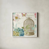 Rainbow Seeds Floral Birdcage III v2 by Lisa Audit. Shown in a crisp white glass frame for a clean and minimalist style. Available as an archival giclee rolled canvas, fine art paper, or poster print. SKU 18823a.