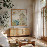 Rainbow Seeds Floral Birdcage III v2 by Lisa Audit. Shown in a natural wood frame in a cozy modern living room. Available as an archival giclee rolled canvas, fine art paper, or poster print. SKU 18823a.