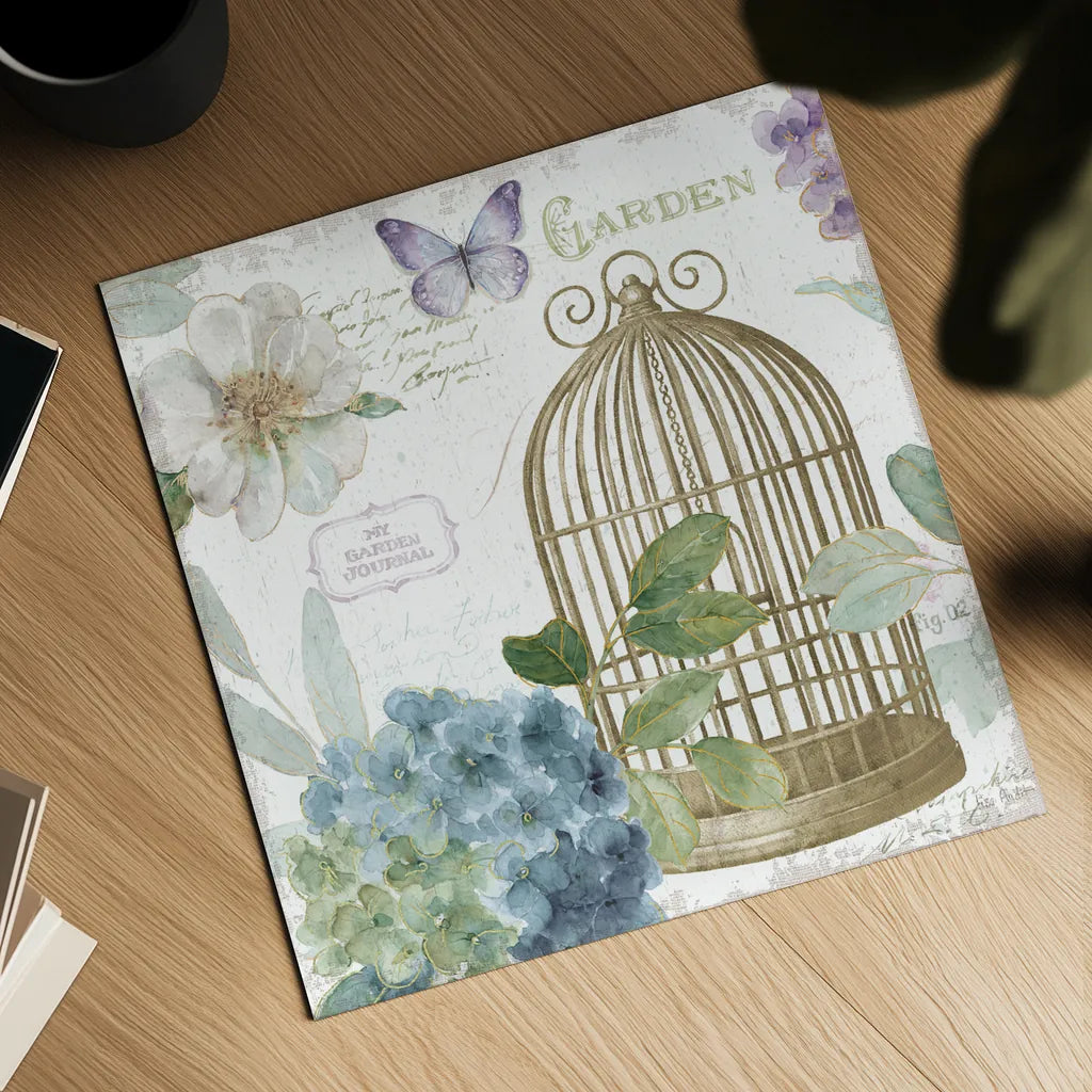 Rainbow Seeds Floral Birdcage III v2 by Lisa Audit. Shown as a detailed flat fine art print, highlighting archival giclee quality. Available as an archival giclee rolled canvas, fine art paper, or poster print. SKU 87450a.