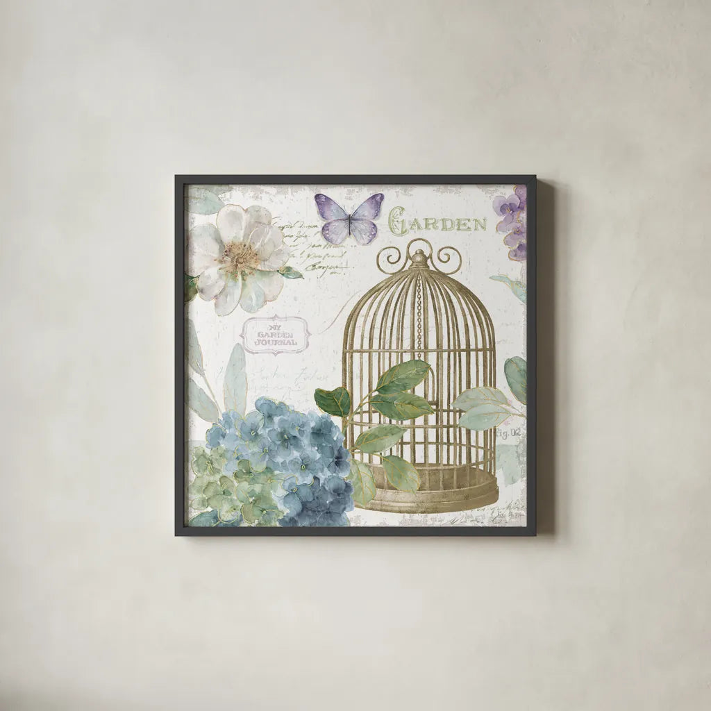 Rainbow Seeds Floral Birdcage III v2 by Lisa Audit. Shown in a sleek black glass frame for a contemporary gallery look. Available as an archival giclee rolled canvas, fine art paper, or poster print. SKU 87450a.